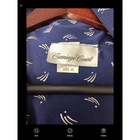 Vintage 80s Carriage Court Blue Pattern Print Dress White Lace Collar size 10 - Picture 8 of 10